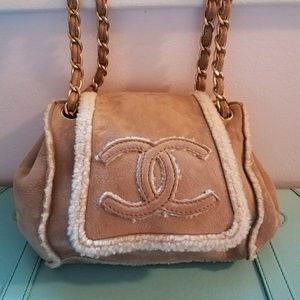 Chanel Shearling CC Beige Suede Shoulder Bag